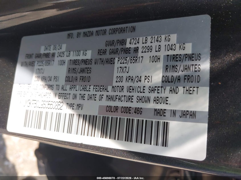 2025 Mazda Cx-5 VIN JM3KFBCL9S0560862 IAAI salvage auction — FRONT END, Salvage Title, sold $25 on 2026-07-31 (photo 9)