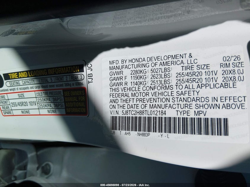 2026 Acura Rdx VIN 5J8TC2H88TL012184 IAAI salvage auction — FRONT END, Salvage Title, sold $13,750 on 2026-08-24 (photo 9)