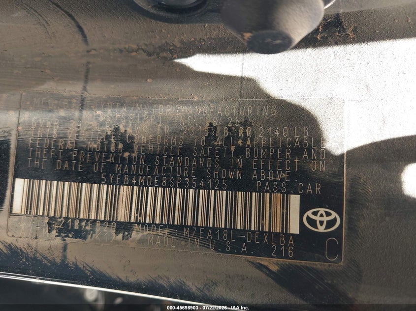 2025 Toyota Corolla VIN 5YFB4MDE8SP354125 IAAI salvage auction — NORMAL WEAR, Clear - Dealer Only (California), sold $25 on 2026-07-29 (photo 9)
