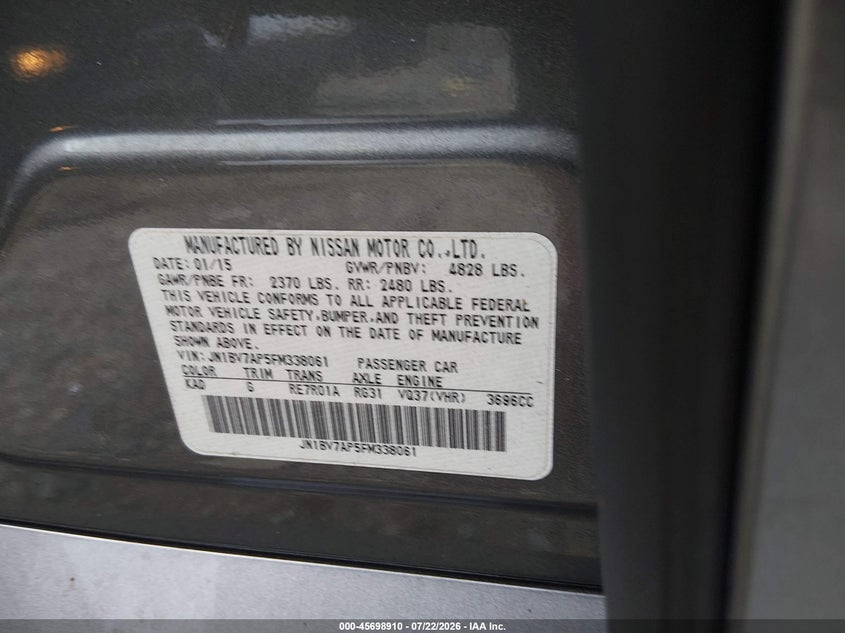 2015 Infiniti Q50 VIN JN1BV7AP5FM338061 IAAI salvage auction — NORMAL WEAR, Clear (Virginia), sold $525 on 2026-07-27 (photo 9)