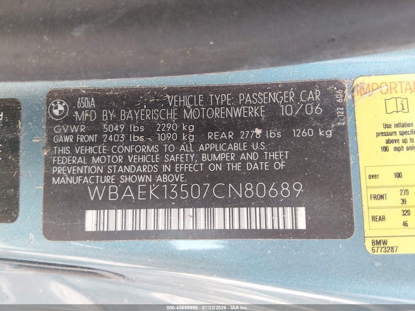 2007 BMW 6 series VIN WBAEK13507CN80689 IAAI salvage auction — NORMAL WEAR, Clear (Maryland), sold $125 on 2026-07-30 (photo 9)