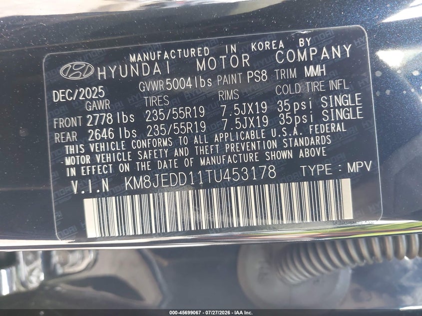 2026 Hyundai Tucson VIN KM8JEDD11TU453178 IAAI salvage auction — LEFT FRONT, Bill Of Sale (Washington), sold $17,600 on 2026-08-01 (photo 9)