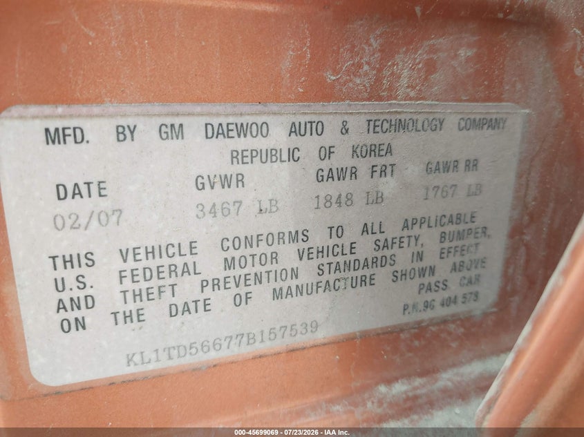 2007 Chevrolet Aveo VIN KL1TD56677B157539 IAAI salvage auction — NORMAL WEAR, Clear (Missouri), sold $25 on 2026-07-30 (photo 9)