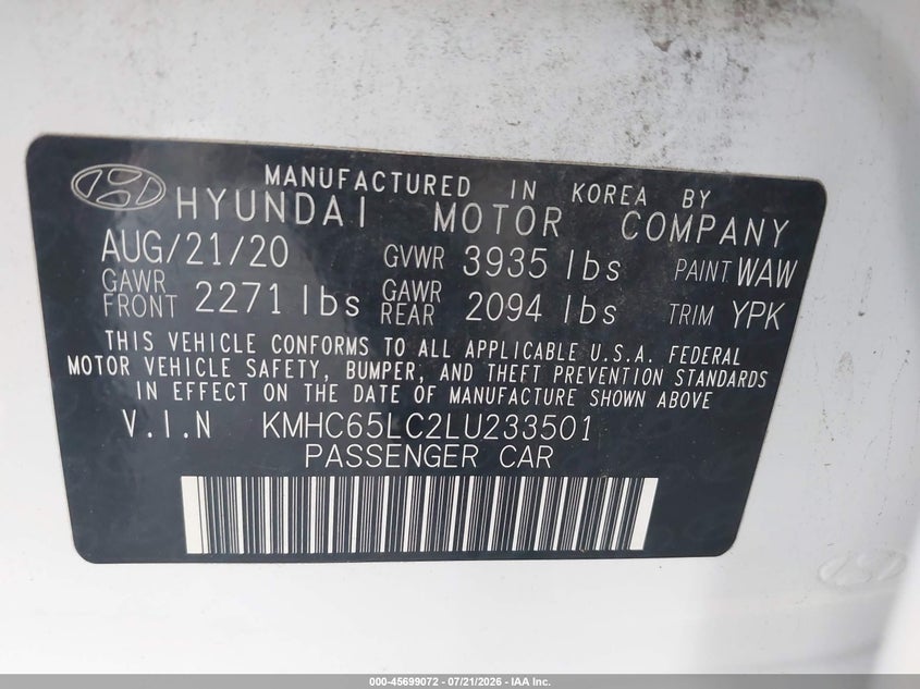 2020 Hyundai Ioniq hybrid VIN KMHC65LC2LU233501 IAAI salvage auction — NORMAL WEAR, Sf97 (Texas), sold $7,275 on 2026-09-01 (photo 9)
