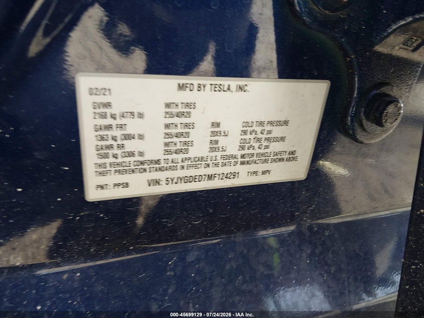 2021 Tesla Model y VIN 5YJYGDED7MF124291 IAAI salvage auction — FRONT END, Salvage Title, sold $4,800 on 2026-08-29 (photo 9)