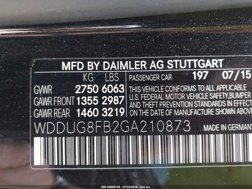 2016 Mercedes-benz S class VIN WDDUG8FB2GA210873 IAAI salvage auction — RIGHT FRONT, Salvage (Idaho), sold $1,300 on 2026-07-29 (photo 9)