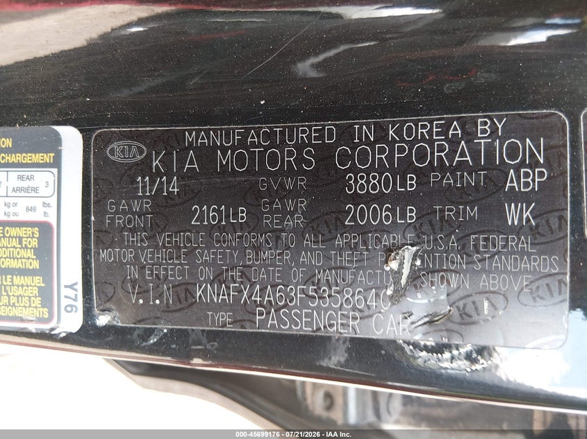 2015 Kia Forte VIN KNAFX4A63F5358640 IAAI salvage auction — NORMAL WEAR, Salvage Title, sold $200 on 2026-07-28 (photo 9)