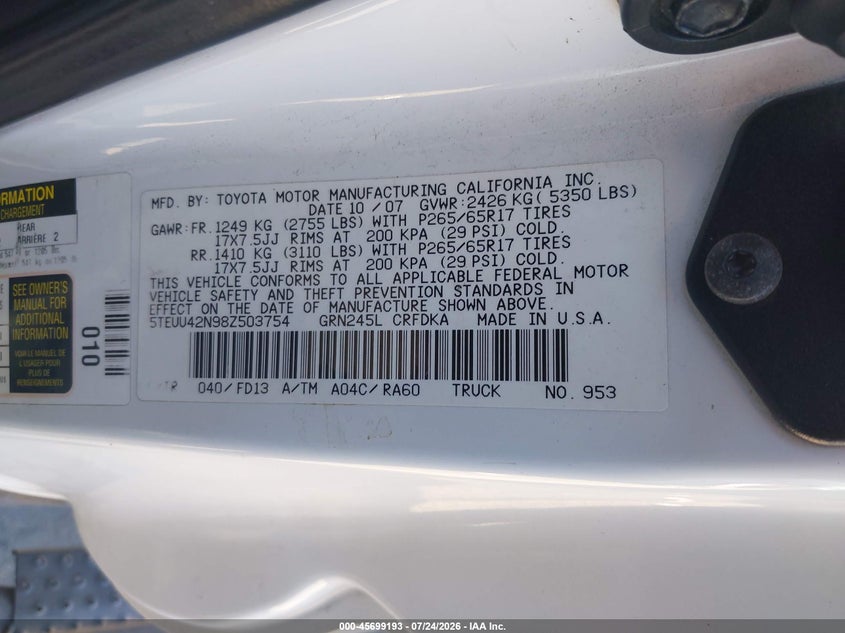 2008 Toyota Tacoma VIN 5TEUU42N98Z503754 IAAI salvage auction — LEFT REAR, Salvage (California), sold $5,600 on 2026-08-03 (photo 9)