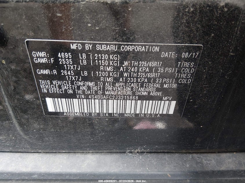 2018 Subaru Outback VIN 4S4BSAFC2J3215868 IAAI salvage auction — REAR END, Wait Title, sold $25 on 2026-10-08 (photo 9)