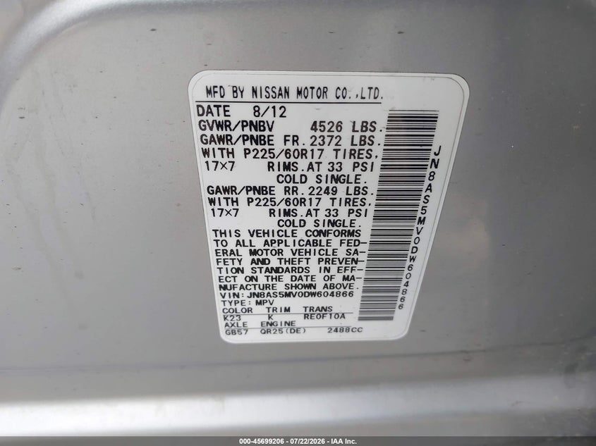2013 Nissan Rogue VIN JN8AS5MV0DW604866 IAAI salvage auction — NORMAL WEAR, Clear - Dealer Only (California), sold $975 on 2026-07-30 (photo 9)