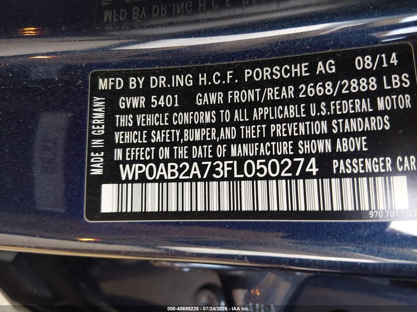 2015 Porsche Panamera VIN WP0AB2A73FL050274 IAAI salvage auction — SIDE, Salvage (California), sold $6,100 on 2026-08-10 (photo 9)