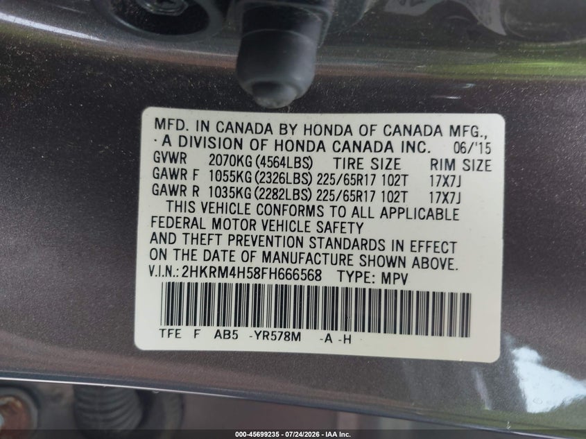 2015 Honda Cr-v VIN 2HKRM4H58FH666568 IAAI salvage auction — REAR END, Salvage Title, sold $6,700 on 2026-08-20 (photo 9)