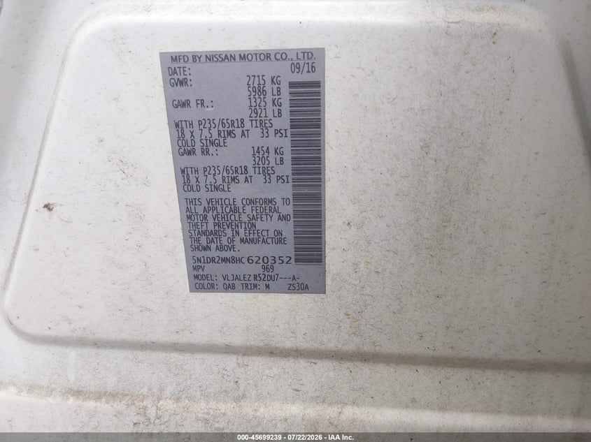 2017 Nissan Pathfinder VIN 5N1DR2MN8HC620352 IAAI salvage auction — NORMAL WEAR, Clear (Alabama), sold $675 on 2026-08-31 (photo 9)