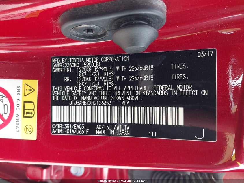 2017 Lexus Nx VIN JTJBARBZXH2126353 IAAI salvage auction — RIGHT REAR, Wait Title, sold $7,000 on 2026-09-19 (photo 9)