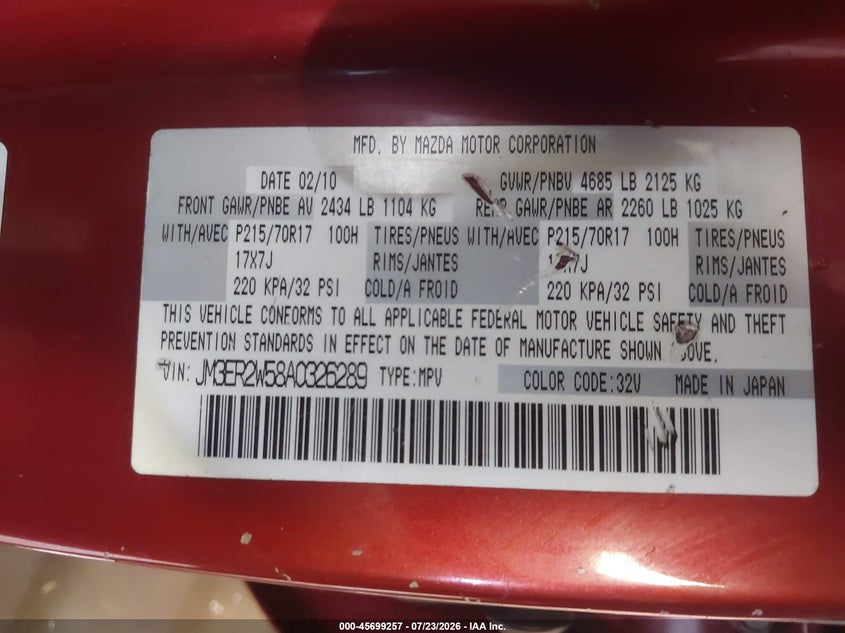 2010 Mazda Cx-7 VIN JM3ER2W58A0326289 IAAI salvage auction — NORMAL WEAR, Clear (Virginia), sold $375 on 2026-07-28 (photo 9)