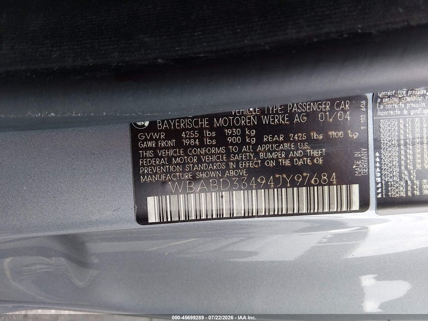 2004 BMW 3 series VIN WBABD33494JY97684 IAAI salvage auction — LEFT SIDE, Rebuildable (Florida), sold $400 on 2026-08-15 (photo 9)