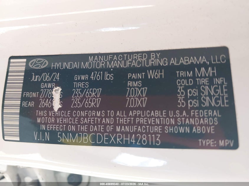 2024 Hyundai Tucson VIN 5NMJBCDEXRH428113 IAAI salvage auction — LEFT SIDE, Salvage (Arizona), sold $5,800 on 2026-08-02 (photo 9)