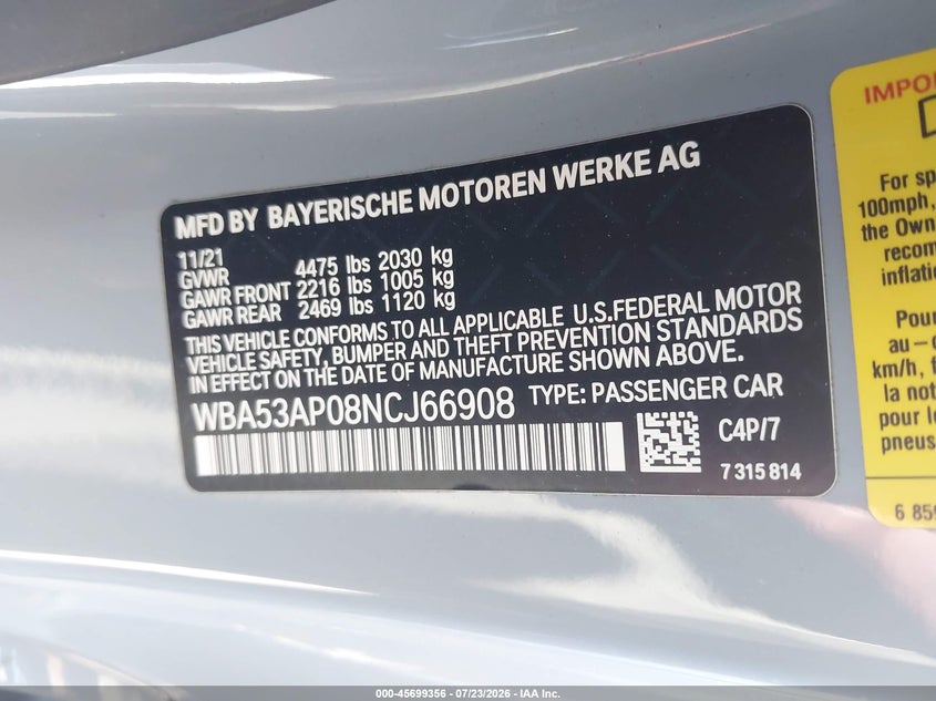 2022 BMW 4er VIN WBA53AP08NCJ66908 IAAI salvage auction — RIGHT SIDE, Salvage (California), sold $12,500 on 2026-08-10 (photo 9)