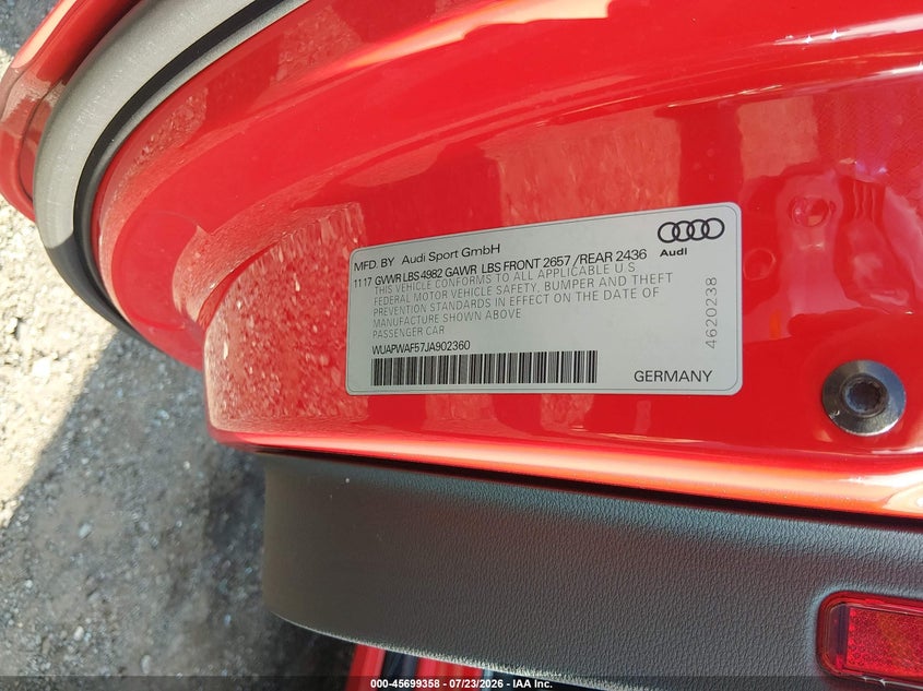 2018 Audi Rs5 VIN WUAPWAF57JA902360 IAAI salvage auction — RIGHT FRONT, Wait Title, sold $16,700 on 2026-08-30 (photo 9)