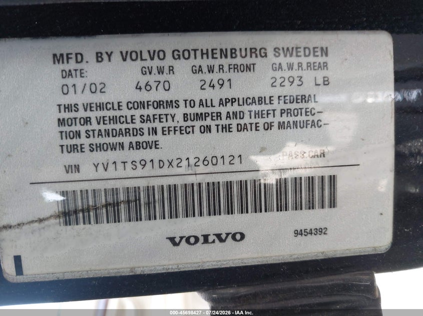 2002 Volvo S80 VIN YV1TS91DX21260121 IAAI salvage auction — NORMAL WEAR, Clear (New York), sold $400 on 2026-08-04 (photo 9)