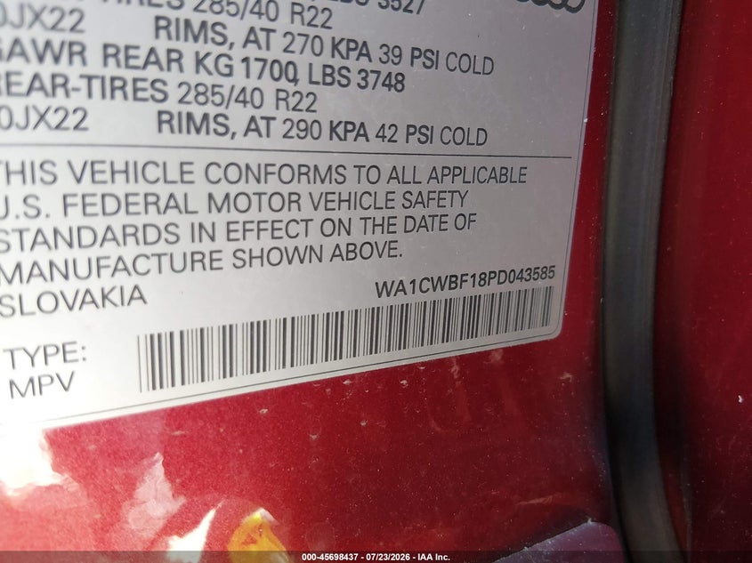 2023 Audi Sq8 VIN WA1CWBF18PD043585 IAAI salvage auction — FRONT END, Salvage Title, sold $39,250 on 2026-08-25 (photo 9)