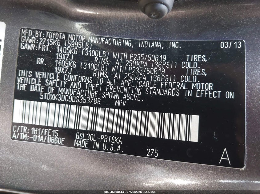 2013 Toyota Sienna VIN 5TDXK3DC9DS353788 IAAI salvage auction — NORMAL WEAR, Clear (New Jersey), sold $2,050 on 2026-07-27 (photo 9)