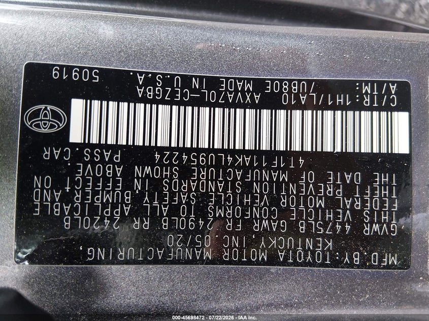 2020 Toyota Camry VIN 4T1F11AK4LU954224 IAAI salvage auction — RIGHT FRONT, Wait Title, sold $7,600 on 2026-08-01 (photo 9)
