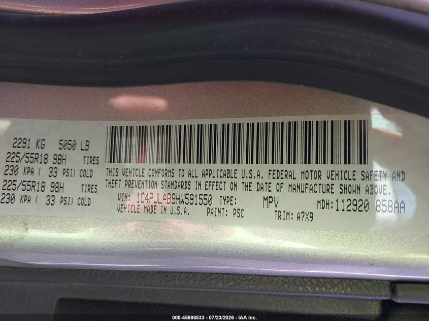 2017 Jeep Cherokee VIN 1C4PJLAB9HW591550 IAAI salvage auction — FRONT END, Salvage Title, sold $1,550 on 2026-08-03 (photo 9)