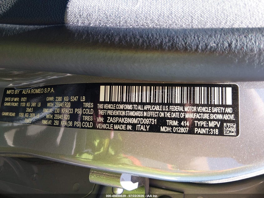 2021 Alfa romeo Stelvio VIN ZASPAKBN9M7D09731 IAAI salvage auction — SIDE, Wait Title, sold $1,150 on 2026-08-18 (photo 9)