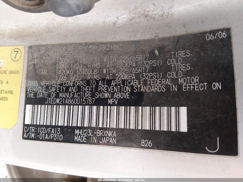 2006 Toyota Highlander hybrid VIN JTEDW21A860015787 IAAI salvage auction — NORMAL WEAR, Peddle Clear Public-Restricted (Oregon), sold $400 on 2026-07-29 (photo 9)