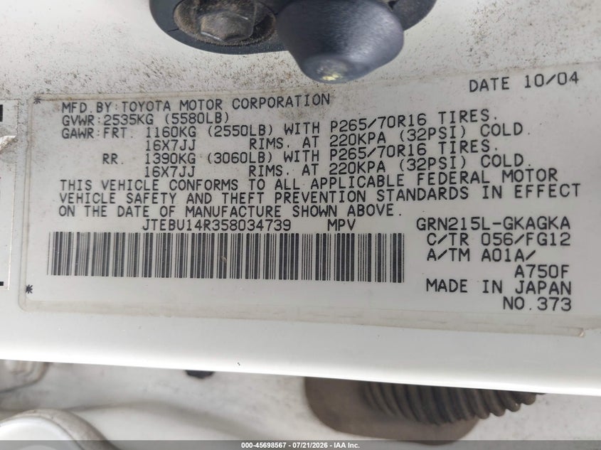 2005 Toyota 4runner VIN JTEBU14R358034739 IAAI salvage auction — NORMAL WEAR, Peddle Clear Public-Restricted (Oregon), sold $2,350 on 2026-07-29 (photo 9)