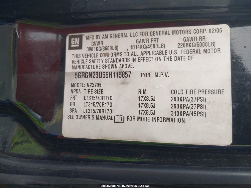 2006 Hummer H2 VIN 5GRGN23U56H115857 IAAI salvage auction — NORMAL WEAR, Clear (Florida), sold $25 on 2026-07-30 (photo 9)