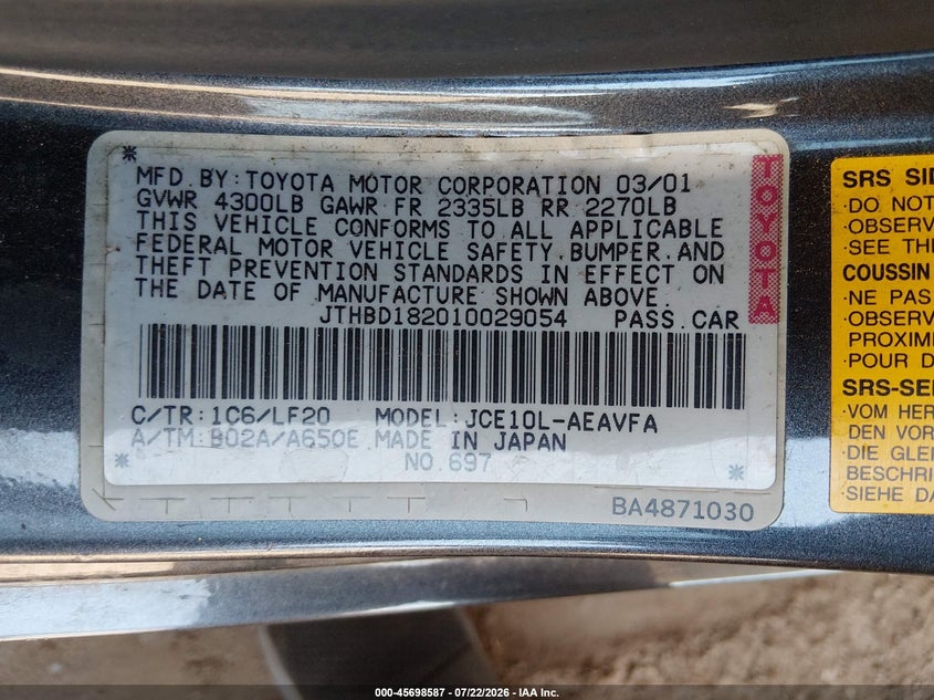 2001 Lexus Is 300 VIN JTHBD182010029054 IAAI salvage auction — FRONT END, Clear (Arizona), sold $25 on 2026-07-28 (photo 9)