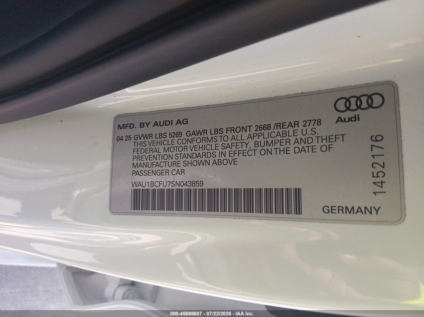2025 Audi A5 VIN WAU1BCFU7SN043859 IAAI salvage auction — WATER/FLOOD, Salvage (Texas), sold $1,050 on 2026-09-30 (photo 9)
