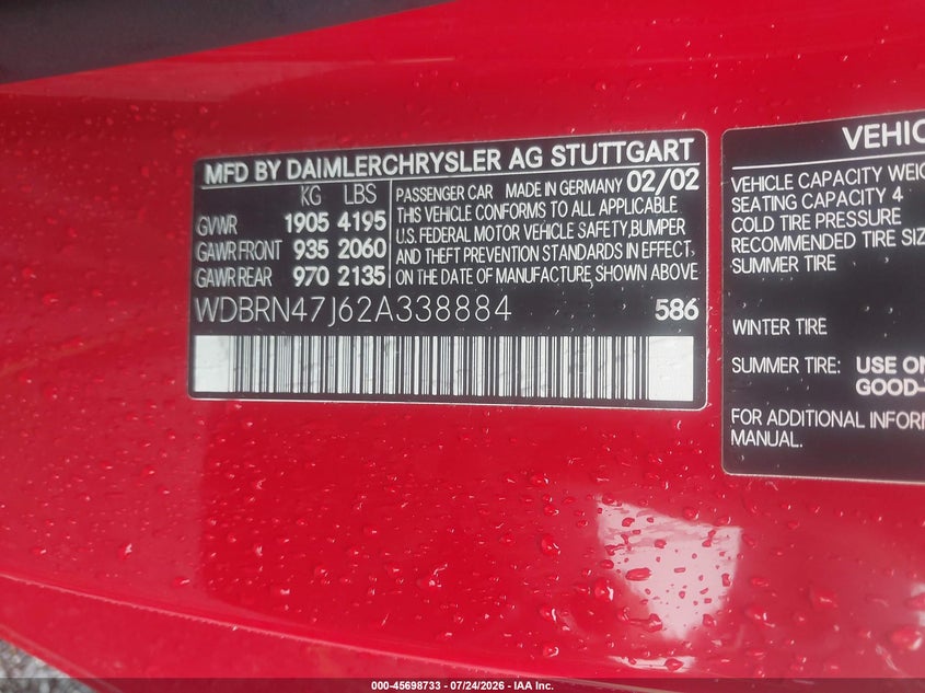 2002 Mercedes-benz C class VIN WDBRN47J62A338884 IAAI salvage auction — NORMAL WEAR, Clear (South Carolina), sold $12,250 on 2026-08-04 (photo 9)