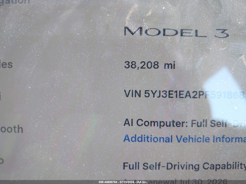 2023 Tesla Model 3 VIN 5YJ3E1EA2PF591868 IAAI salvage auction — FRONT END, Wait Title, sold $6,400 on 2026-09-06 (photo 7)
