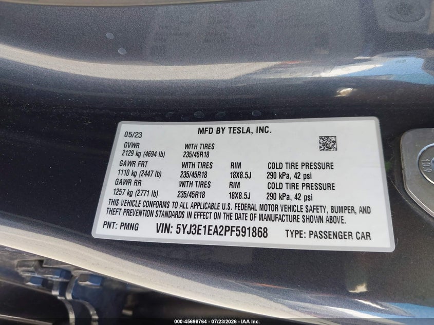 2023 Tesla Model 3 VIN 5YJ3E1EA2PF591868 IAAI salvage auction — FRONT END, Wait Title, sold $6,400 on 2026-09-06 (photo 9)