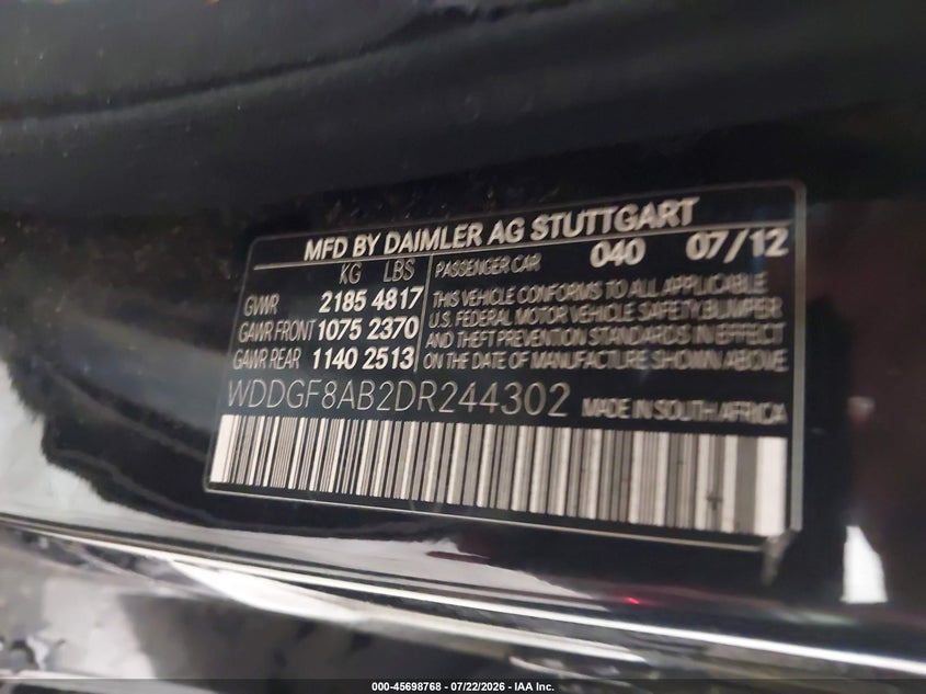 2013 Mercedes-benz C class VIN WDDGF8AB2DR244302 IAAI salvage auction — NORMAL WEAR, Peddle Salvage Public-Restricted (Oregon), sold $400 on 2026-07-28 (photo 9)