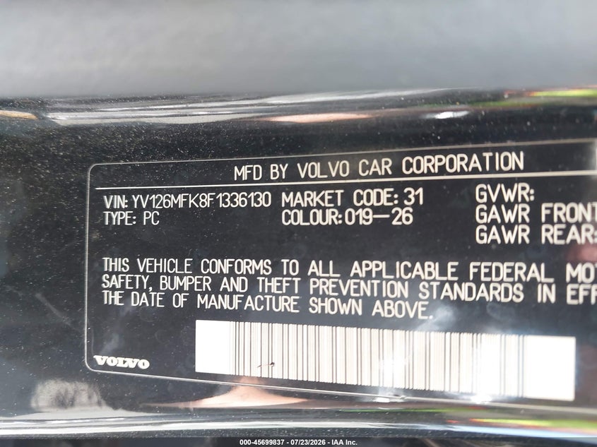 2015 Volvo S60 VIN YV126MFK8F1336130 IAAI salvage auction — LEFT & RIGHT, Salvage Title, sold $475 on 2026-08-17 (photo 9)