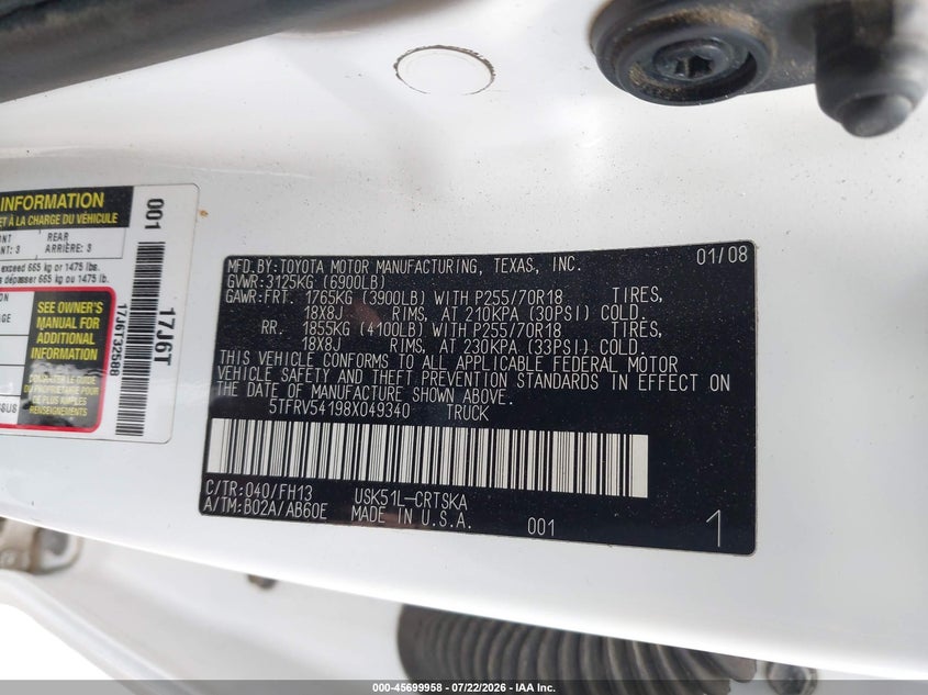 2008 Toyota Tundra VIN 5TFRV54198X049340 IAAI salvage auction — NORMAL WEAR, Clear (Michigan), sold $25 on 2026-07-27 (photo 9)