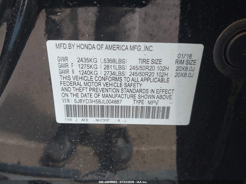 2018 Acura Mdx VIN 5J8YD3H58JL004887 IAAI salvage auction — ENGINE DAMAGE, Wait Title, sold $3,300 on 2026-09-08 (photo 9)