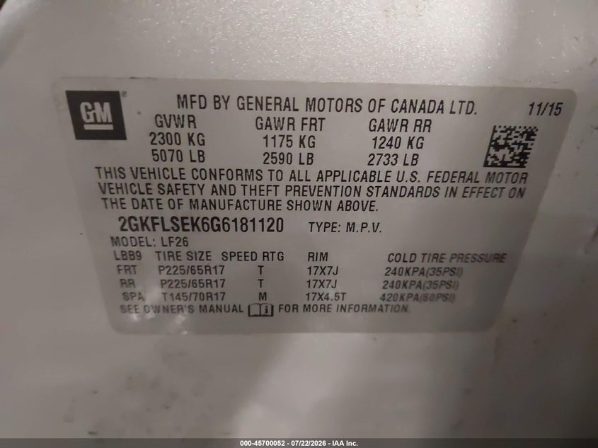 2016 Gmc Terrain VIN 2GKFLSEK6G6181120 IAAI salvage auction — RIGHT FRONT, Salvage Title, sold $825 on 2026-08-20 (photo 9)