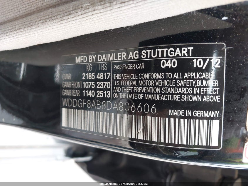 2013 Mercedes-benz C-klasse VIN WDDGF8AB8DA806606 IAAI salvage auction — HAIL, Salvage Title, sold $925 on 2026-08-13 (photo 9)