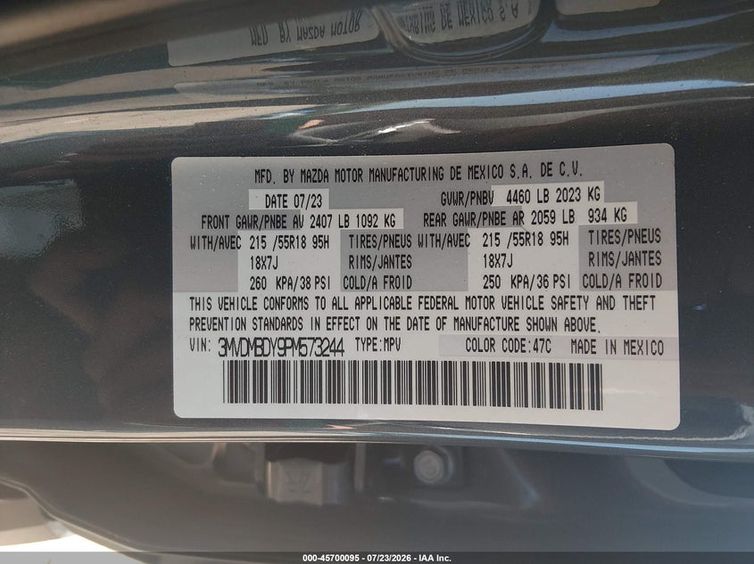 2023 Mazda Cx-30 VIN 3MVDMBDY9PM573244 IAAI salvage auction — SIDE, Salvage Title, sold $6,100 on 2026-08-23 (photo 9)