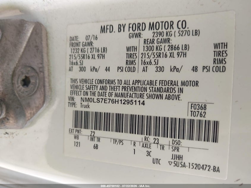 2017 Ford Transit VIN NM0LS7E76H1295114 IAAI salvage auction — FRONT END, Original (West Virginia), sold $50 on 2026-07-29 (photo 9)