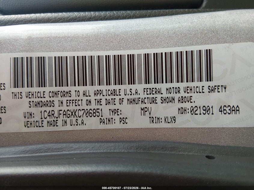 2019 Jeep Grand cherokee VIN 1C4RJFAGXKC706851 IAAI salvage auction — RIGHT FRONT, Salvage (West Virginia), sold $4,800 on 2026-08-23 (photo 9)