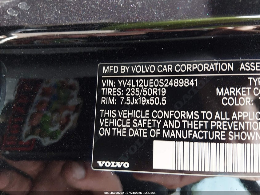 2025 Volvo Xc40 VIN YV4L12UE0S2489841 IAAI salvage auction — SIDE, Wait Title, sold $9,100 on 2026-08-19 (photo 9)