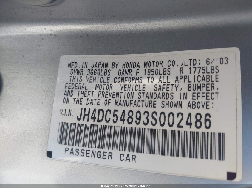 2003 Acura Rsx VIN JH4DC54893S002486 IAAI salvage auction — FRONT END, Salvage (California), sold $25 on 2026-07-30 (photo 9)