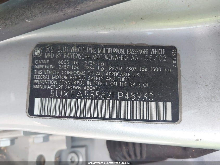 2002 BMW X5 VIN 5UXFA53582LP48930 IAAI salvage auction — NORMAL WEAR, Clear - Dealer Only (California), sold $550 on 2026-08-01 (photo 9)