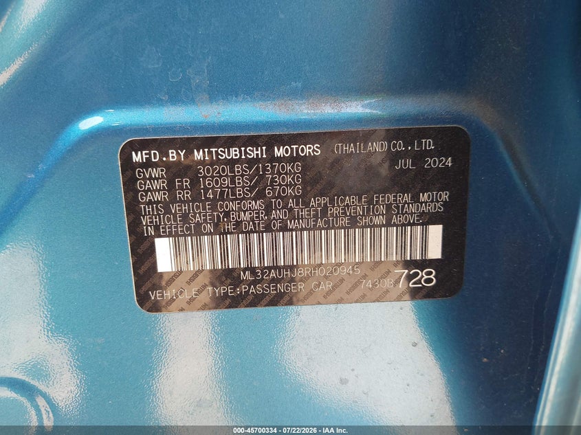 2024 Mitsubishi Mirage VIN ML32AUHJ8RH020945 IAAI salvage auction — SIDE, Salvage Title, sold $925 on 2026-07-30 (photo 9)